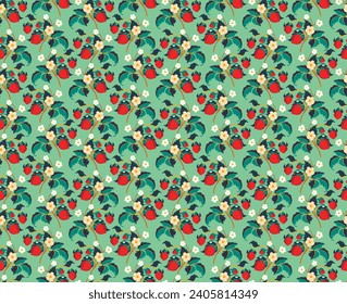 Patrón ornamental floral. Fresas con frutas y flores en un fondo de color. Ilustración vectorial para banners, postales, volantes, fondos de pantalla para redes sociales, textiles, manteles, siesta