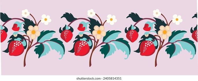 Patrón ornamental floral. Fresas con frutas y flores en un fondo de color. Ilustración vectorial para banners, postales, volantes, fondos de pantalla para redes sociales, textiles, manteles, siesta