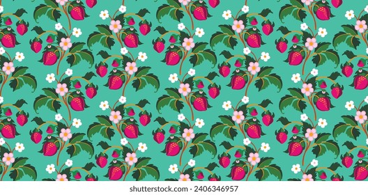 Patrón ornamental floral. Fresas con frutas y flores en un fondo de color. Ilustración vectorial para banners, postales, volantes, fondos de pantalla para redes sociales, textiles, manteles, siesta