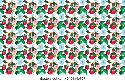 Patrón ornamental floral. Fresas con frutas y flores en un fondo de color. Ilustración vectorial para banners, postales, volantes, fondos de pantalla para redes sociales, textiles, manteles, siesta