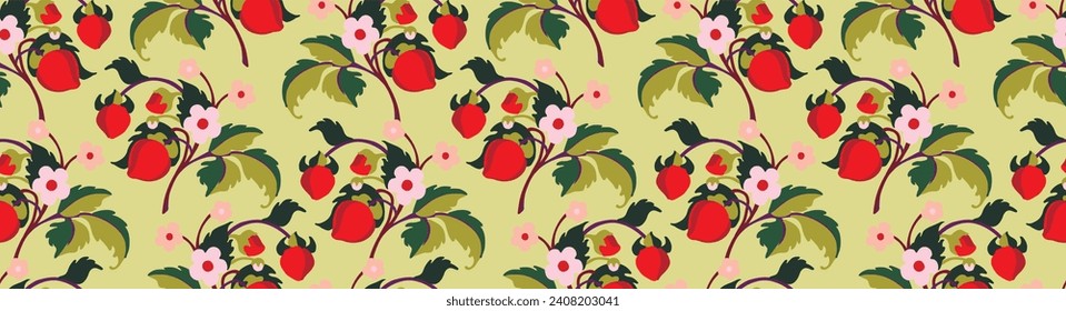 Patrón ornamental floral. Fresas con frutas y flores en un fondo de color. Ilustración vectorial para banners, postales, volantes, fondos de pantalla para redes sociales, textiles, manteles, siesta