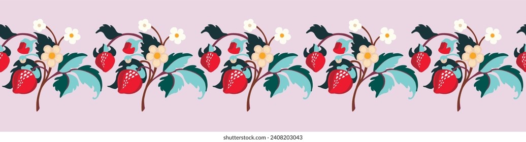 Patrón ornamental floral. Fresas con frutas y flores en un fondo de color. Ilustración vectorial para banners, postales, volantes, fondos de pantalla para redes sociales, textiles, manteles, siesta