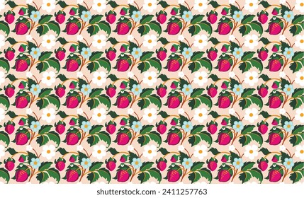 Patrón ornamental floral. Fresas con frutas y flores en un fondo de color. Ilustración vectorial para banners, postales, volantes, fondos de pantalla para redes sociales, textiles, manteles, siesta