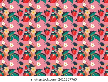 Patrón ornamental floral. Fresas con frutas y flores en un fondo de color. Ilustración vectorial para banners, postales, volantes, fondos de pantalla para redes sociales, textiles, manteles, siesta