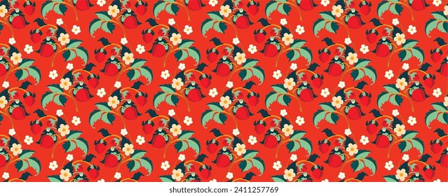 Patrón ornamental floral. Fresas con frutas y flores en un fondo de color. Ilustración vectorial para banners, postales, volantes, fondos de pantalla para redes sociales, textiles, manteles, siesta