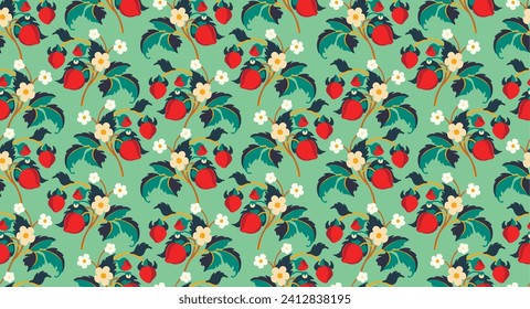 Patrón ornamental floral. Fresas con frutas y flores en un fondo de color. Ilustración vectorial para banners, postales, volantes, fondos de pantalla para redes sociales, textiles, manteles, siesta