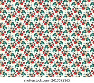 Patrón ornamental floral. Fresas con frutas y flores en un fondo de color. Ilustración vectorial para banners, postales, volantes, fondos de pantalla para redes sociales, textiles, manteles, siesta