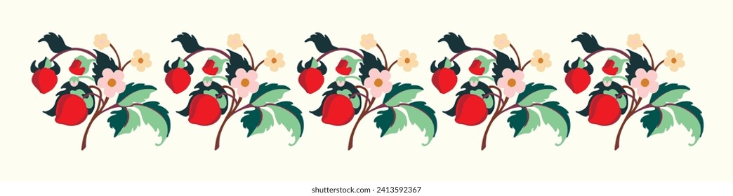 Patrón ornamental floral. Fresas con frutas y flores en un fondo de color. Ilustración vectorial para banners, postales, volantes, fondos de pantalla para redes sociales, textiles, manteles, siesta