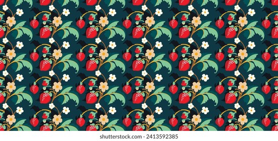 Patrón ornamental floral. Fresas con frutas y flores en un fondo de color. Ilustración vectorial para banners, postales, volantes, fondos de pantalla para redes sociales, textiles, manteles, siesta