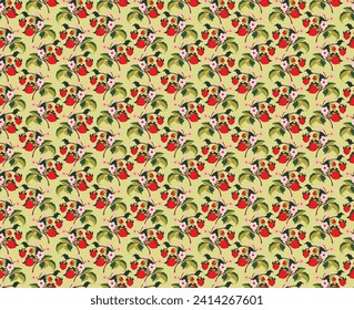 Patrón ornamental floral. Fresas con frutas y flores en un fondo de color. Ilustración vectorial para banners, postales, volantes, fondos de pantalla para redes sociales, textiles, manteles, siesta