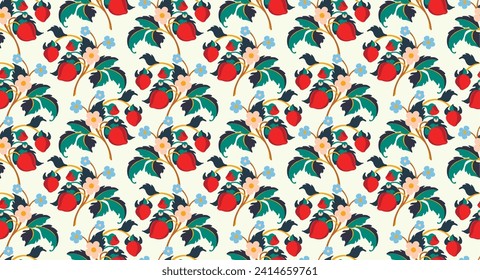 Patrón ornamental floral. Fresas con frutas y flores en un fondo de color. Ilustración vectorial para banners, postales, volantes, fondos de pantalla para redes sociales, textiles, manteles, siesta