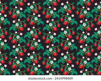 Patrón ornamental floral. Fresas con frutas y flores en un fondo de color. Ilustración vectorial para banners, postales, volantes, fondos de pantalla para redes sociales, textiles, manteles, siesta