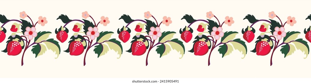 Patrón ornamental floral. Fresas con frutas y flores en un fondo de color. Ilustración vectorial para banners, postales, volantes, fondos de pantalla para redes sociales, textiles, manteles, siesta