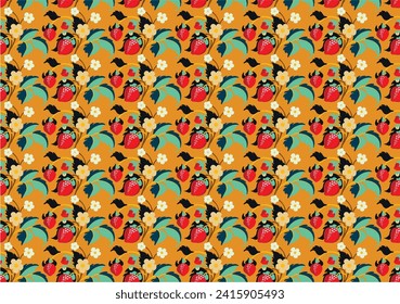 Patrón ornamental floral. Fresas con frutas y flores en un fondo de color. Ilustración vectorial para banners, postales, volantes, fondos de pantalla para redes sociales, textiles, manteles, siesta