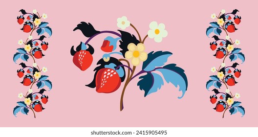 Patrón ornamental floral. Fresas con frutas y flores en un fondo de color. Ilustración vectorial para banners, postales, volantes, fondos de pantalla para redes sociales, textiles, manteles, siesta