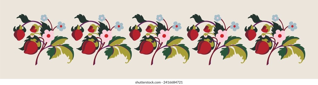 Patrón ornamental floral. Fresas con frutas y flores en un fondo de color. Ilustración vectorial para banners, postales, volantes, fondos de pantalla para redes sociales, textiles, manteles, siesta