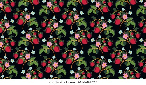 Patrón ornamental floral. Fresas con frutas y flores en un fondo de color. Ilustración vectorial para banners, postales, volantes, fondos de pantalla para redes sociales, textiles, manteles, siesta