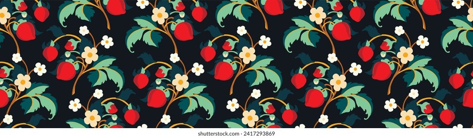 Patrón ornamental floral. Fresas con frutas y flores en un fondo de color. Ilustración vectorial para banners, postales, volantes, fondos de pantalla para redes sociales, textiles, manteles, siesta