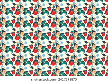 Patrón ornamental floral. Fresas con frutas y flores en un fondo de color. Ilustración vectorial para banners, postales, volantes, fondos de pantalla para redes sociales, textiles, manteles, siesta