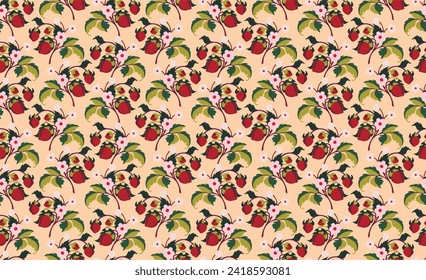 Patrón ornamental floral. Fresas con frutas y flores en un fondo de color. Ilustración vectorial para banners, postales, volantes, fondos de pantalla para redes sociales, textiles, manteles, siesta