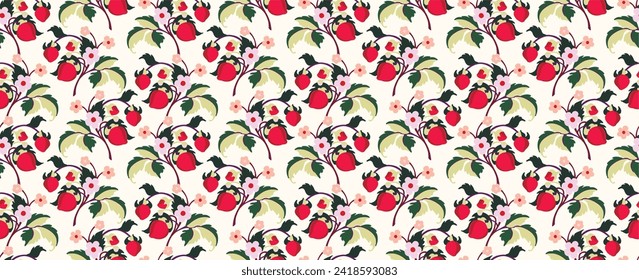 Patrón ornamental floral. Fresas con frutas y flores en un fondo de color. Ilustración vectorial para banners, postales, volantes, fondos de pantalla para redes sociales, textiles, manteles, siesta