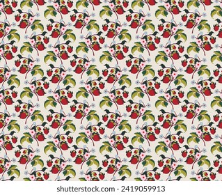 Patrón ornamental floral. Fresas con frutas y flores en un fondo de color. Ilustración vectorial para banners, postales, volantes, fondos de pantalla para redes sociales, textiles, manteles, siesta