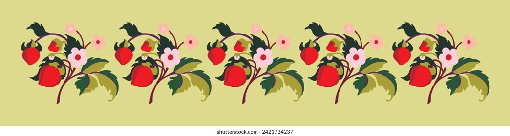 Patrón ornamental floral. Fresas con frutas y flores en un fondo de color. Ilustración vectorial para banners, postales, volantes, fondos de pantalla para redes sociales, textiles, manteles, siesta