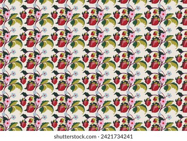 Patrón ornamental floral. Fresas con frutas y flores en un fondo de color. Ilustración vectorial para banners, postales, volantes, fondos de pantalla para redes sociales, textiles, manteles, siesta