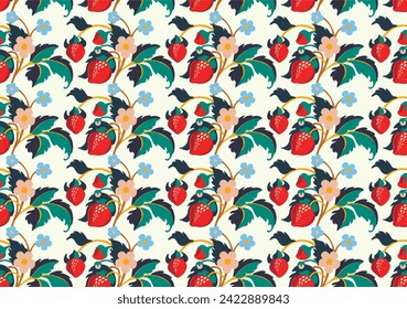 Patrón ornamental floral. Fresas con frutas y flores en un fondo de color. Ilustración vectorial para banners, postales, volantes, fondos de pantalla para redes sociales, textiles, manteles, siesta