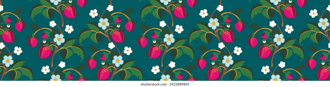 Patrón ornamental floral. Fresas con frutas y flores en un fondo de color. Ilustración vectorial para banners, postales, volantes, fondos de pantalla para redes sociales, textiles, manteles, siesta