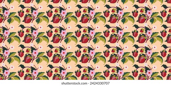 Patrón ornamental floral. Fresas con frutas y flores sobre un fondo de color . Ilustración vectorial para banners, postales, volantes, fondos de pantalla para redes sociales, textiles, manteles, siesta