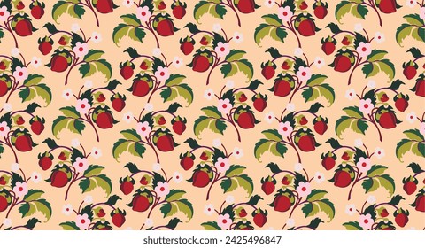 Floral ornamental pattern. Strawberries with fruits and flowers on a colored background . Vector illustration for banners, postcards, flyers, wallpapers for social networks, textiles, tablecloths, nap