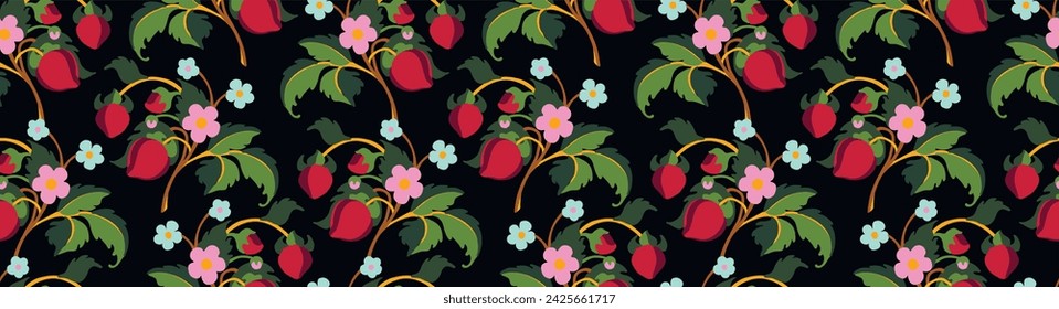 Patrón ornamental floral. Fresas con frutas y flores sobre un fondo de color . Ilustración vectorial para banners, postales, volantes, fondos de pantalla para redes sociales, textiles, manteles, siesta