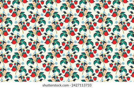 Patrón ornamental floral. Fresas con frutas y flores sobre un fondo de color . Ilustración vectorial para banners, postales, volantes, fondos de pantalla para redes sociales, textiles, manteles, siesta