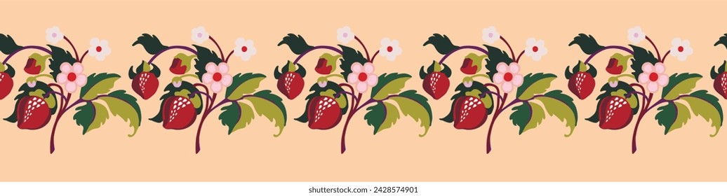 Floral ornamental pattern. Strawberries with fruits and flowers on a colored background . Vector illustration for banners, postcards, flyers, wallpapers for social networks, textiles, tablecloths, nap