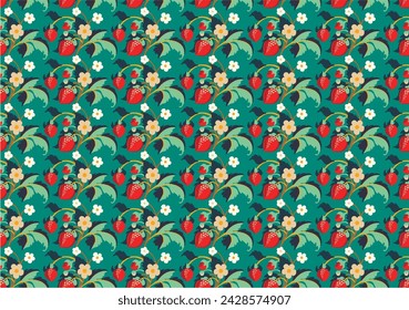 Patrón ornamental floral. Fresas con frutas y flores sobre un fondo de color . Ilustración vectorial para banners, postales, volantes, fondos de pantalla para redes sociales, textiles, manteles, siesta