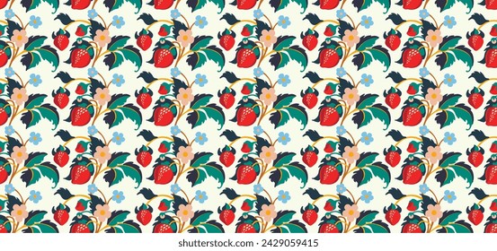 Patrón ornamental floral. Fresas con frutas y flores sobre un fondo de color . Ilustración vectorial para banners, postales, volantes, fondos de pantalla para redes sociales, textiles, manteles, siesta