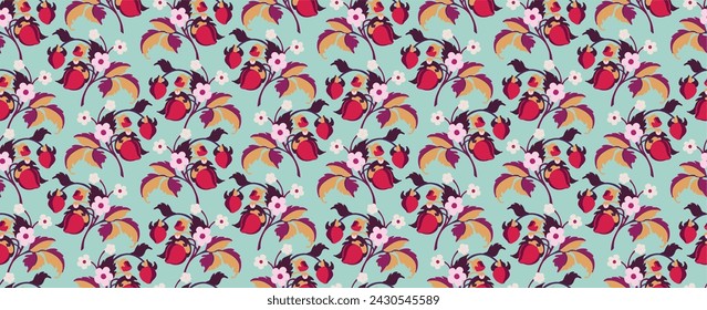 Patrón ornamental floral. Fresas con frutas y flores sobre un fondo de color . Ilustración vectorial para banners, postales, volantes, fondos de pantalla para redes sociales, textiles, manteles, siesta