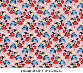 Floral ornamental pattern. Strawberries with fruits and flowers on a colored background . Vector illustration for banners, postcards, flyers, wallpapers for social networks, textiles, tablecloths, nap