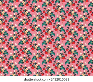 Floral ornamental pattern. Strawberries with fruits and flowers on a colored background . Vector illustration for banners, postcards, flyers, wallpapers for social networks, textiles, tablecloths, nap