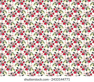 Patrón ornamental floral. Fresas con frutas y flores sobre un fondo de color . Ilustración vectorial para banners, postales, volantes, fondos de pantalla para redes sociales, textiles, manteles, siesta