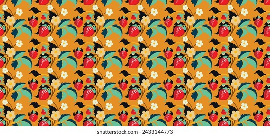 Floral ornamental pattern. Strawberries with fruits and flowers on a colored background . Vector illustration for banners, postcards, flyers, wallpapers for social networks, textiles, tablecloths, nap