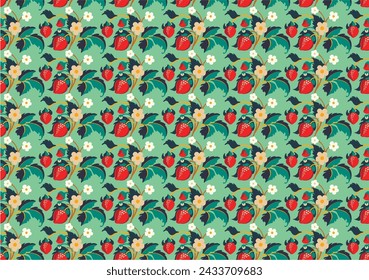 Floral ornamental pattern. Strawberries with fruits and flowers on a colored background . Vector illustration for banners, postcards, flyers, wallpapers for social networks, textiles, tablecloths, nap