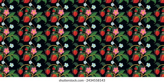 Patrón ornamental floral. Fresas con frutas y flores sobre un fondo de color . Ilustración vectorial para banners, postales, volantes, fondos de pantalla para redes sociales, textiles, manteles, siesta