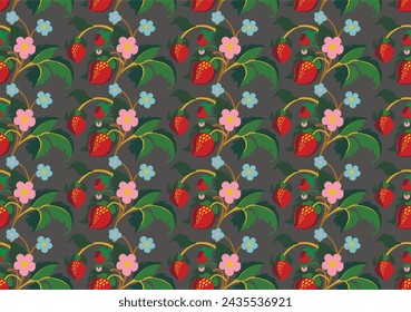 Floral ornamental pattern. Strawberries with fruits and flowers on a colored background . Vector illustration for banners, postcards, flyers, wallpapers for social networks, textiles, tablecloths, nap