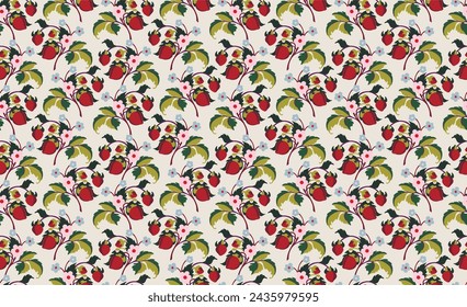 Floral ornamental pattern. Strawberries with fruits and flowers on a colored background . Vector illustration for banners, postcards, flyers, wallpapers for social networks, textiles, tablecloths, nap