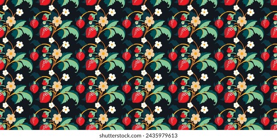 Floral ornamental pattern. Strawberries with fruits and flowers on a colored background . Vector illustration for banners, postcards, flyers, wallpapers for social networks, textiles, tablecloths, nap