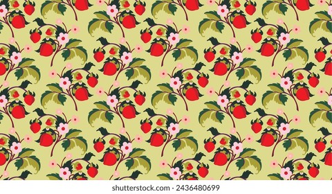 Floral ornamental pattern. Strawberries with fruits and flowers on a colored background . Vector illustration for banners, postcards, flyers, wallpapers for social networks, textiles, tablecloths, nap