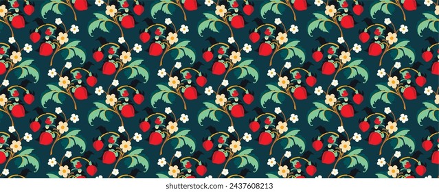 Floral ornamental pattern. Strawberries with fruits and flowers on a colored background . Vector illustration for banners, postcards, flyers, wallpapers for social networks, textiles, tablecloths, nap