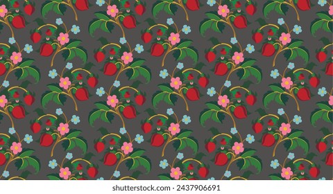 Floral ornamental pattern. Strawberries with fruits and flowers on a colored background . Vector illustration for banners, postcards, flyers, wallpapers for social networks, textiles, tablecloths, nap